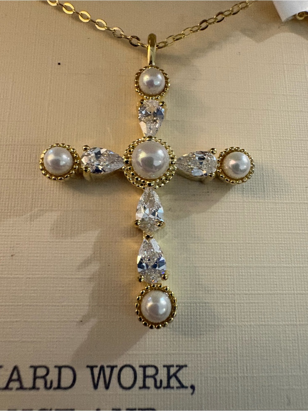 Beautiful Isabella Cross Pendant Necklace in Gold with Pearls and Cubic Zirconia - Picture 3 of 5